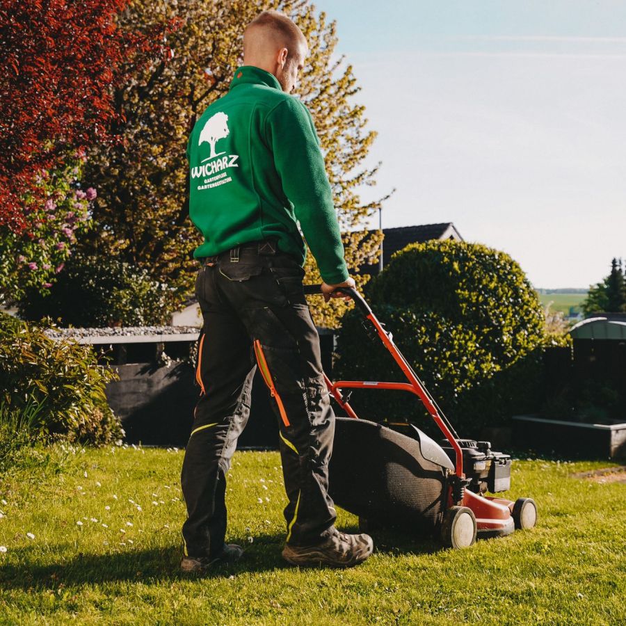 Herr Wicharz beim Rasenmähen